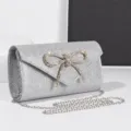 Silver glitter evening clutch bag with rhinestone bow, elegant party shoulder crossbody bag. - Silver