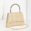 Sparkling rhinestone handle evening handbag with glitter floral pattern and elegant chain strap for party. - Gold