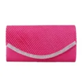 Rose red satin pleated evening clutch bag with sparkling rhinestone flap for women parties. - Magenta