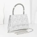 Silver floral rhinestone evening bag, elegant party handbag with sparkly handle and chain strap. - Silver