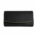 Elegant black velvet evening clutch bag for women, stylish minimalist handbag with gold trim. - Black