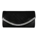 Black pleated evening clutch bag with sparkling rhinestone curve for women party prom. - Black