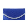 Blue pleated satin evening clutch bag with rhinestone curved flap for women party. - Blue