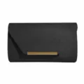 Black evening clutch bag for women, elegant envelope handbag with gold metal bar accent. - Black