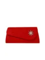 Elegant red suede clutch bag featuring a dazzling crystal star brooch for evening parties. - Red