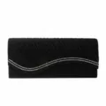Elegant black pleated evening clutch bag with sparkling rhinestone wave design for women. - Black