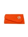 Elegant orange suede evening clutch bag with a sparkling rhinestone flower brooch. - Orange Red