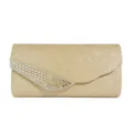 Elegant gold glitter evening clutch bag featuring a sparkling rhinestone decorative strap. - Gold