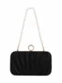 Black pleated evening clutch bag with pearl handle and rhinestone ring clasp for women elegant. - Black