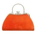Orange velvet evening bag with gold metal round handle, elegant clutch purse for women. - Orange Red