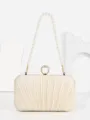 Elegant pearl evening clutch bag with pleated design and metallic ring clasp for formal parties. - Apricot