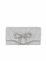 Silver glitter rhinestone bow evening clutch bag, elegant pleated minibag for women. - Silver