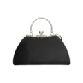 Black velvet evening bag with gold rhinestone handle and vintage clasp for women. - Black