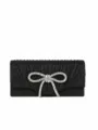 Black glitter clutch bag with rhinestone bow, pleated evening handbag for special events. - Black