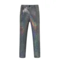 Detailed view of shiny sequin men trousers, featuring dazzling holographic finish and slim fit. - 28 / Plain Silver