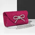 Fuchsia glitter evening clutch bag with sparkling rhinestone bow and silver chain strap. - Rose Red