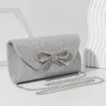Silberne Glitzer Abendtasche mit Strass Schleife, elegante Damen Clutch Handtasche. - Silber