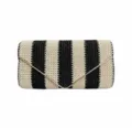 Black and white striped straw envelope clutch bag with elegant metallic v-shaped front clasp detail. - Black