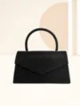 Black glitter evening bag with round handle, elegant sparkling handbag for women party prom. - Black