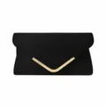 Black velvet envelope clutch bag for women, elegant evening bag with metal V-bar decor. - Black