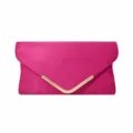 Fuchsia suede envelope clutch bag with elegant metal V-bar design for women evening party. - Rose Red