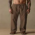 Pantalones rectos casuales de algodón y lino de color sólido con cordón para hombre. - S / Café