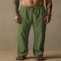Pantalón casual lino hombre vista detalle, verde sólido, cordón en cintura, ajuste cómodo. - S / Verde