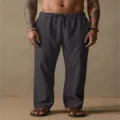 Men's loose casual cotton linen straight trousers in dark grey with comfortable drawstring waist. - Gray