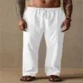Vista detallada del pantalón casual blanco de lino para hombre con cómodo cordón en la cintura. - S / Blanco