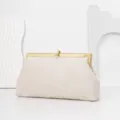Elegant beige suede evening clutch bag with gold metal frame and dazzling rhinestone clasp. - Apricot