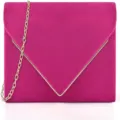 Magenta suede envelope evening bag with gold chain strap and stylish V-bar accent. - Magenta