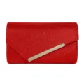 Red glitter evening clutch bag with elegant metallic bar flap design for women parties. - Red