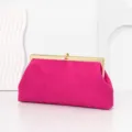 Pink suede evening clutch bag with golden metal frame and elegant diamond clasp for women - Rose Red