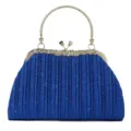 Elegant blue pleated evening handbag with glitter finish and gold metal handle for parties. - Blue