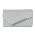 Silver glitter evening clutch bag with metallic diagonal bar and magnetic snap flap closure. - Silver