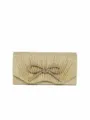 Gold glitter evening clutch bag with rhinestone bow, elegant pleated design for parties. - Gold