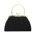 Black glitter pleated evening handbag with gold handle and rhinestone clasp for women. - Black
