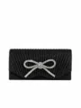 Black pleated evening clutch bag with sparkling rhinestone bow for women party prom - Black
