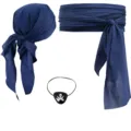 Ensemble de costume de pirate médiéval Renaissance foulard écharpe cache-œil fête Halloween - Taille unique / Ensemble 3 Pièces Bleu