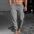 Men's casual linen pants with elastic drawstring waist and side pockets for daily wear. - S / Bottoms / Gray