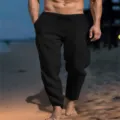 Men casual black linen pants with drawstring elastic waist and pockets for daily summer wear. - S / Bottoms / Black
