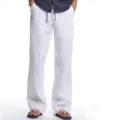 Details of men white casual linen trousers with relaxed fit and comfortable drawstring waist. - S / White