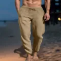 Detailansicht der khakifarbener Herren Leinen Freizeithose mit elastischem Kordelzug und Taschen. - Khaki