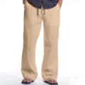 Men's casual linen trousers breathable loose fit drawstring long pants for spring daily wear. - S / Khaki