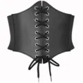 Medieval gothic wide corset belt detail, black PU leather lace-up design with metal eyelets. - Black Corset Belt