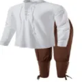 Men's retro linen long sleeve lace-up shirt and brown pants set for casual beach wear. - S / Top And Bottom / White/Coffee