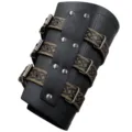 Close-up view of medieval leather bracer featuring Celtic knot straps and metal buckles. - Black