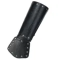 Detailed view of medieval Viking style embossed wolf head leather bracer with metal rivet accents. - Black Tiger Head