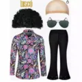 Dettagli del costume disco anni 70 con parrucca afro, camicia fantasia, pantaloni e collana. - Taglia S / Set / Camicia floreale viola, pantaloni e gioielli