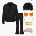 Set costume disco camicia paillettes nere pantaloni zampa parrucca festa rétro outfit - Taglia S / Set / Top nero, pantaloni e gioielli